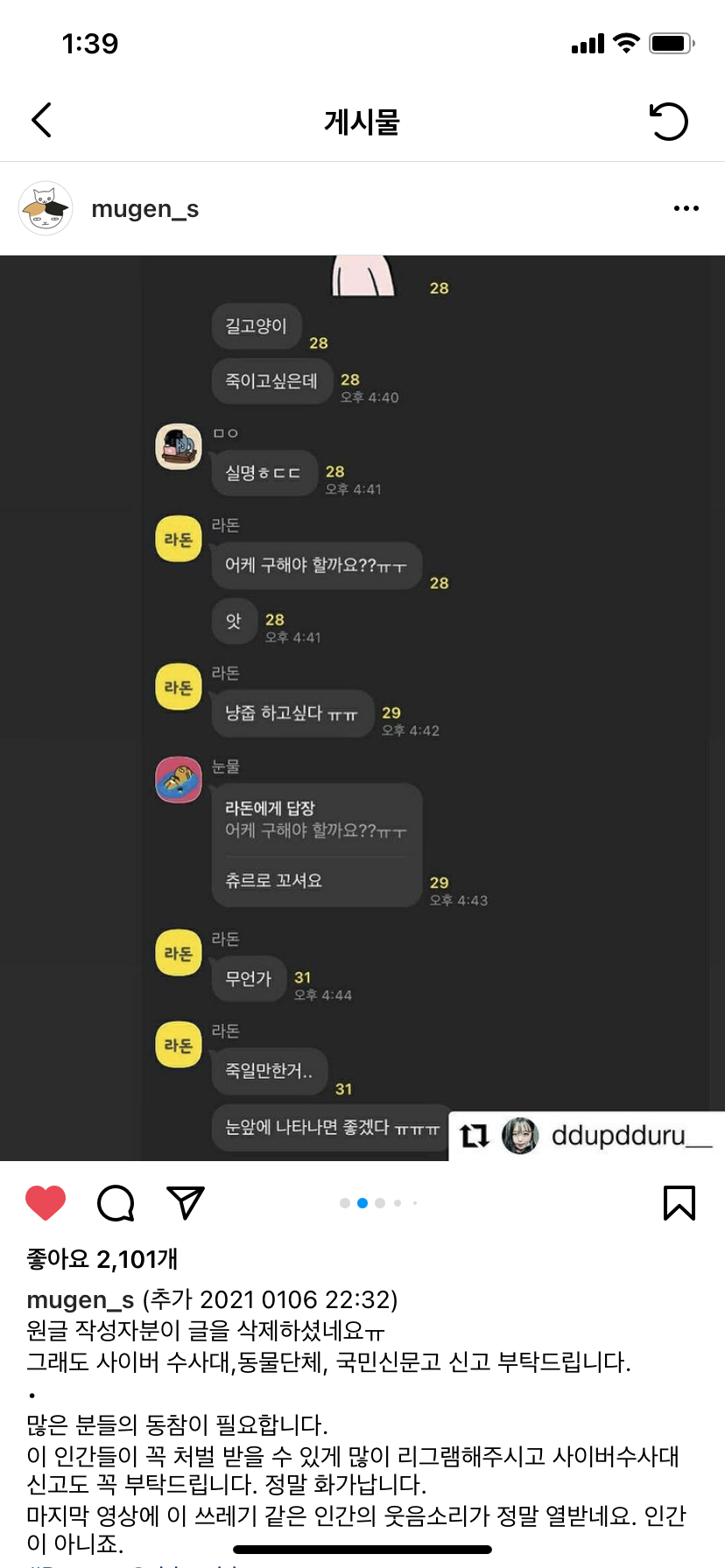 카카오톡 오픈채팅방 내 고양이 학대, 취식