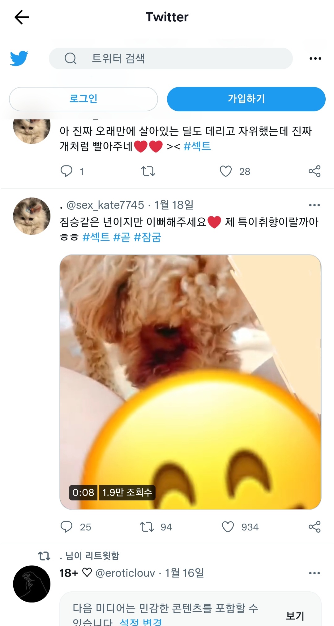 트위터와 틱톡에서 강아지가 자신의 중요부분을 핥는영상을 올림
