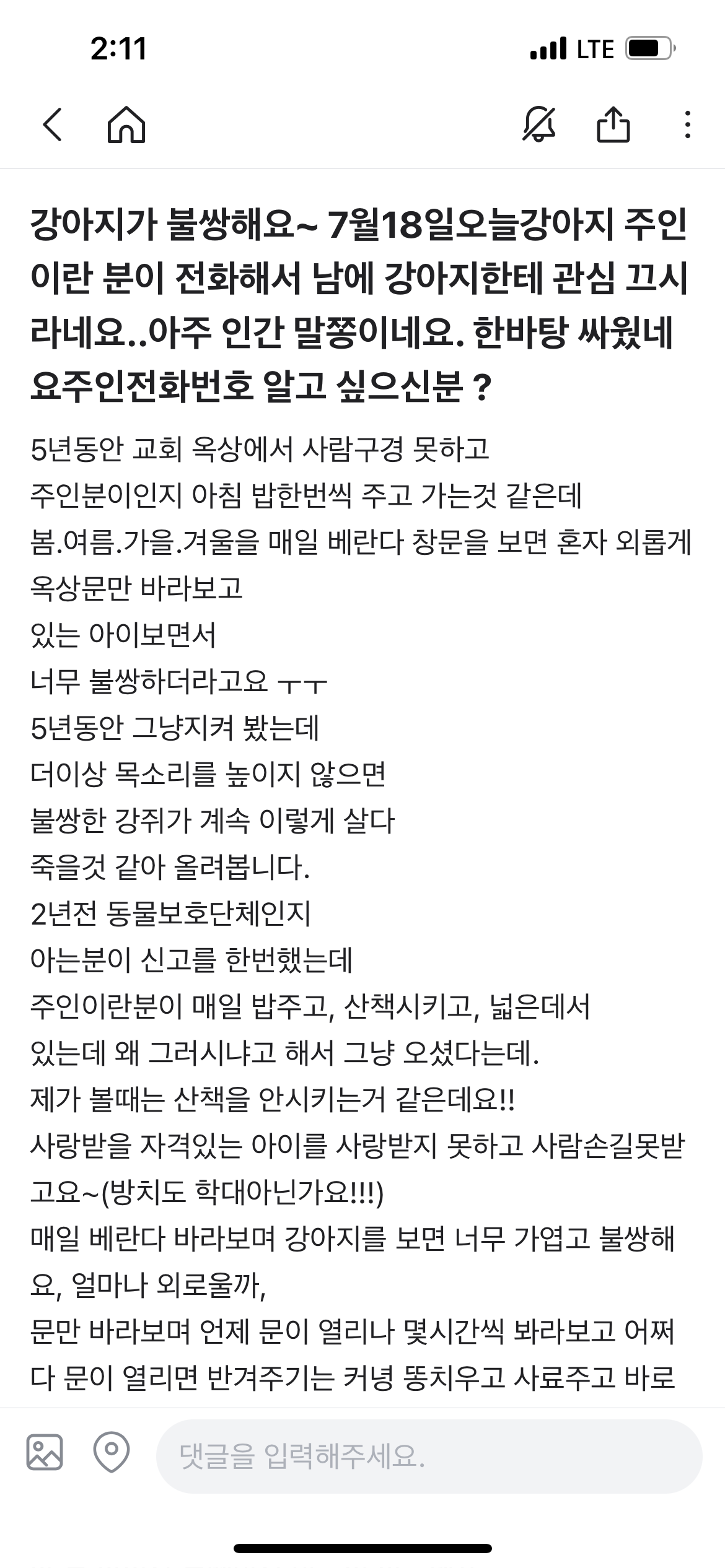 용인 마북 새소망교회 건물 옥상 방치견