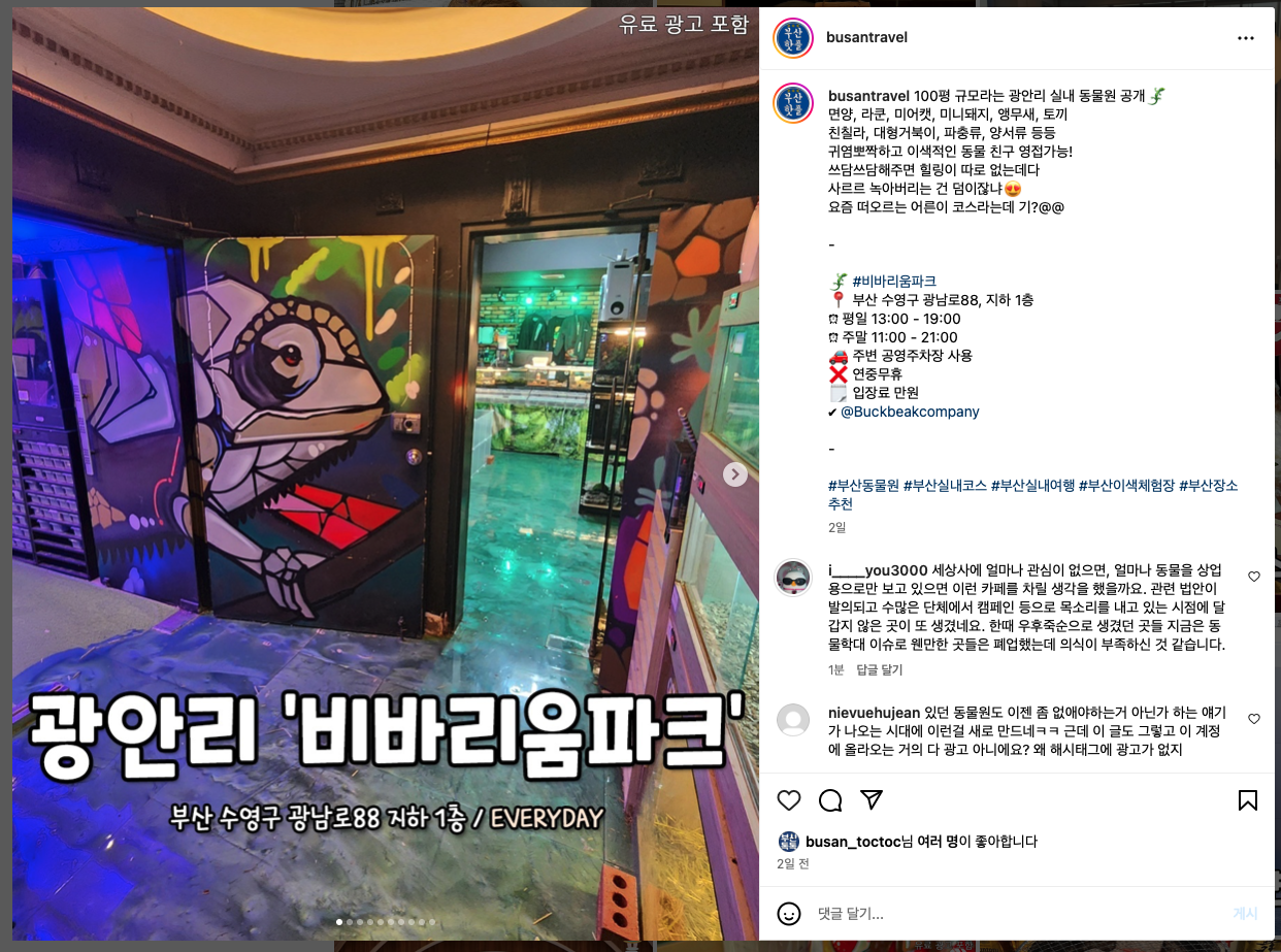부산 광안리에 100평 규모로 생긴 야생동물카페