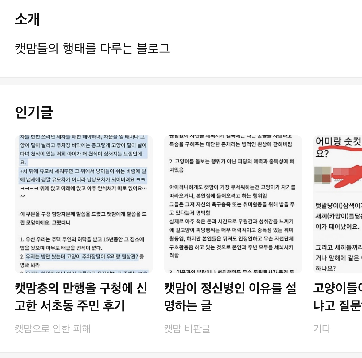 고양이 혐오에 대해서 반복적으로 적는 사람 